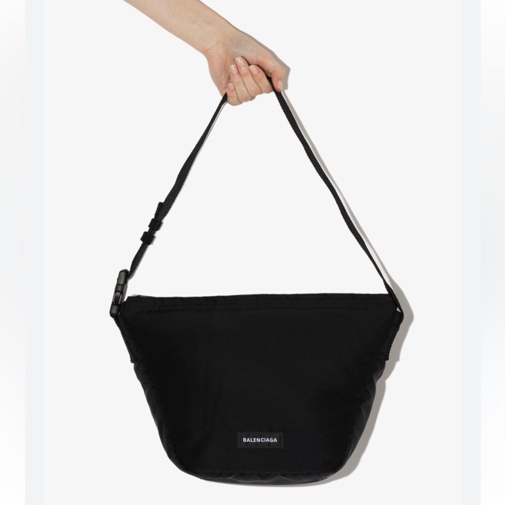 New BALENCIAGA logo Nylon oversized Sling Bag Black